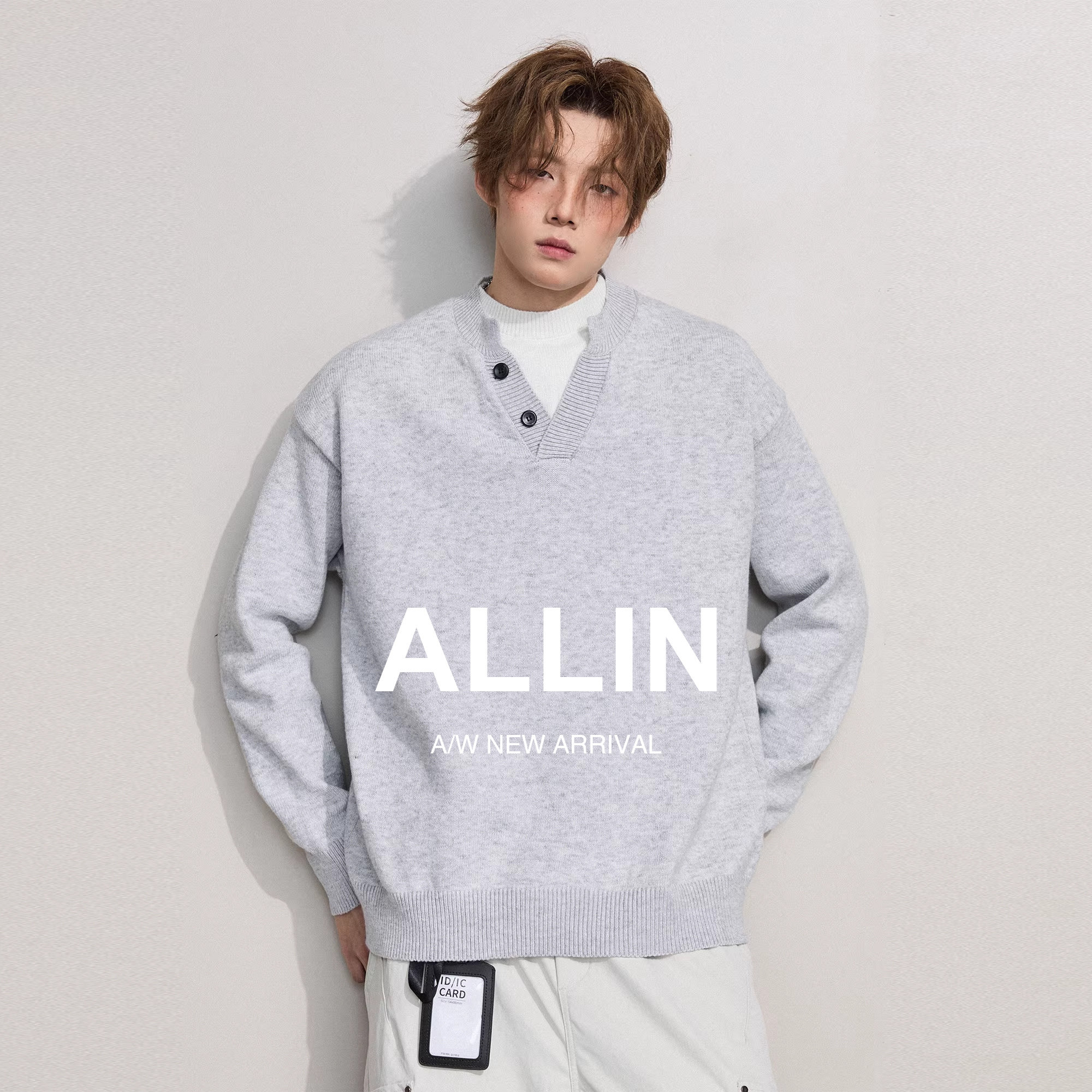 ALLIN 美式假两件毛衣男春秋情侣潮牌慵懒风松弛感V领针织衫外