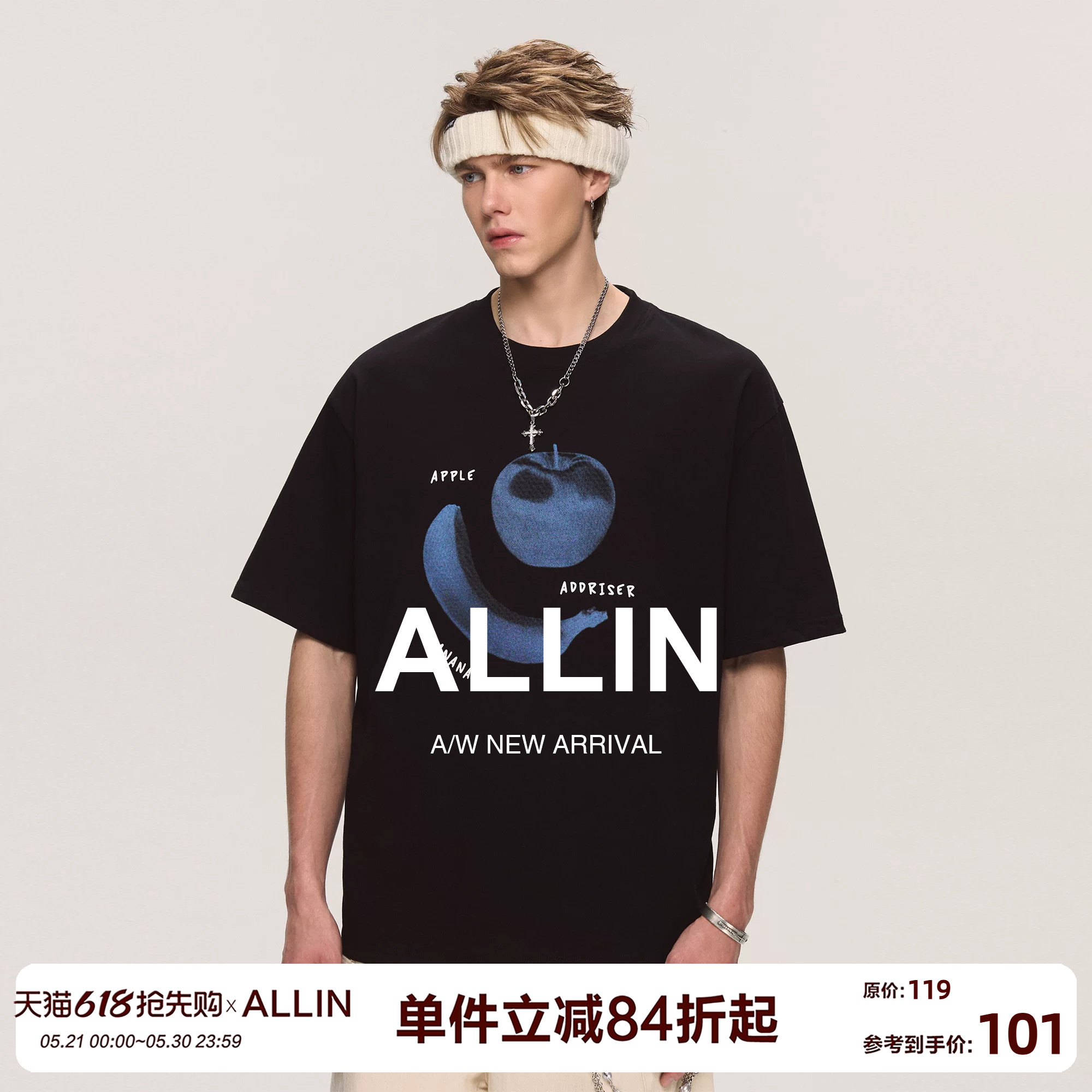 ALLIN 黑色纯棉重磅短袖t恤男夏季水果趣味印花美式潮牌半袖上