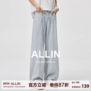 水洗宽松直筒休闲阔腿长裤 ALLIN 春秋美式 男士 子 浅蓝色弯刀牛仔裤