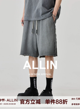 ALLIN 美式休闲短裤男夏季重磅水洗做旧中裤宽松直筒毛边五分裤子