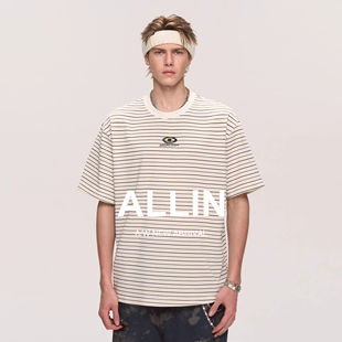 条纹短袖 潮牌体恤休闲情侣半袖 t恤男2025夏季 美式 上衣 新款 ALLIN