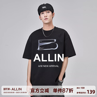 复古宽松圆领半袖 ALLIN 潮牌休闲夏季 t恤男美式 上衣 黑色印花短袖