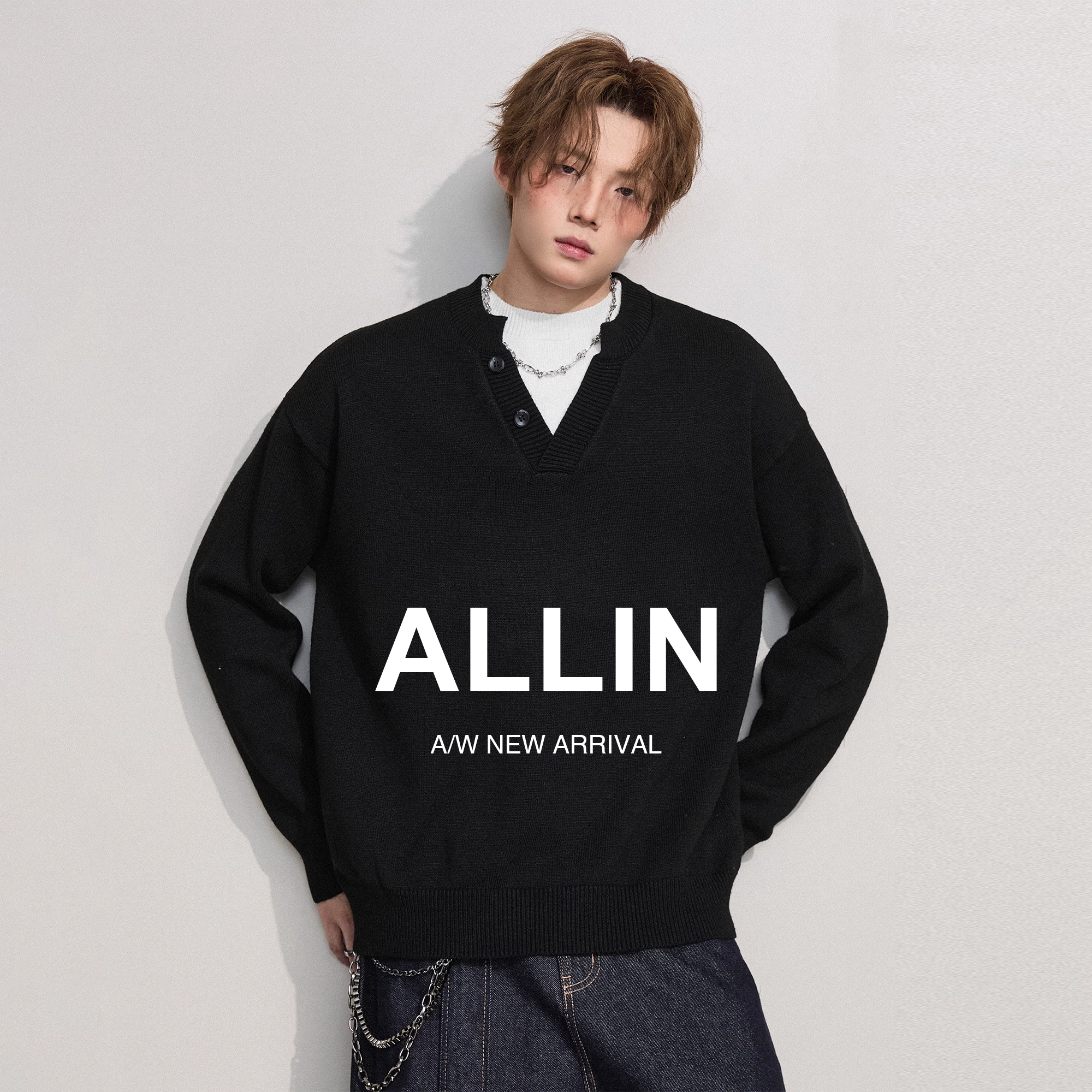 ALLIN 黑色假两件毛衣男秋冬季保暖V领套头线衣情侣慵懒风针织衫