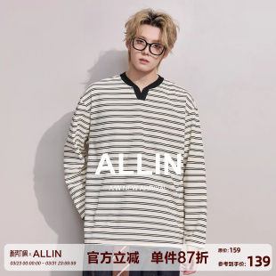 美式 宽松大码 重磅条纹长袖 打底衫 情侣上衣 T恤男春秋落肩袖 ALLIN