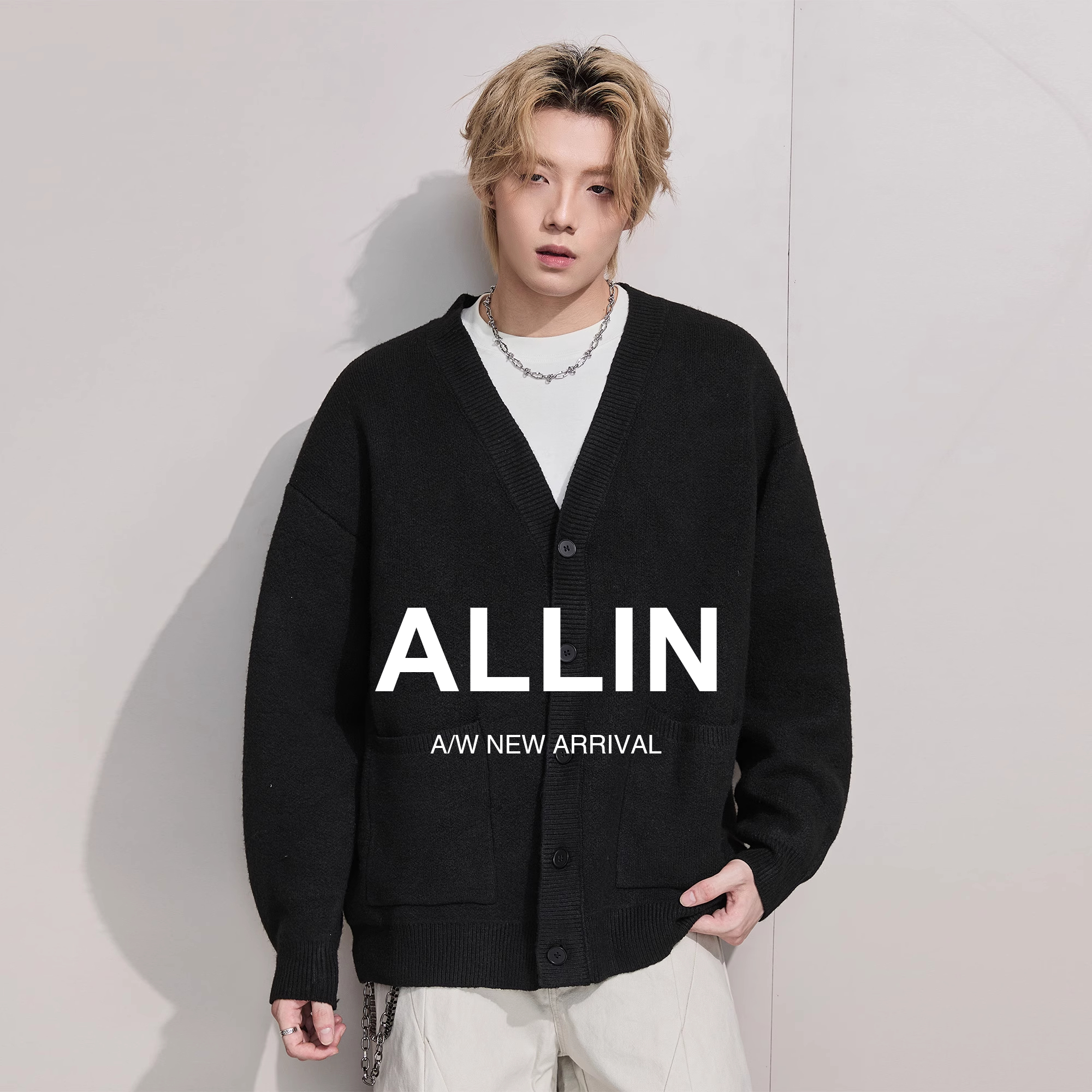 ALLIN 美式V领针织开衫男秋冬慵懒黑色宽松线衣情侣潮牌毛衣外套