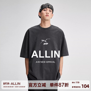 纯棉重磅印花上衣宽松休闲半袖 ALLIN t恤男夏季 落肩短袖 体恤 美式