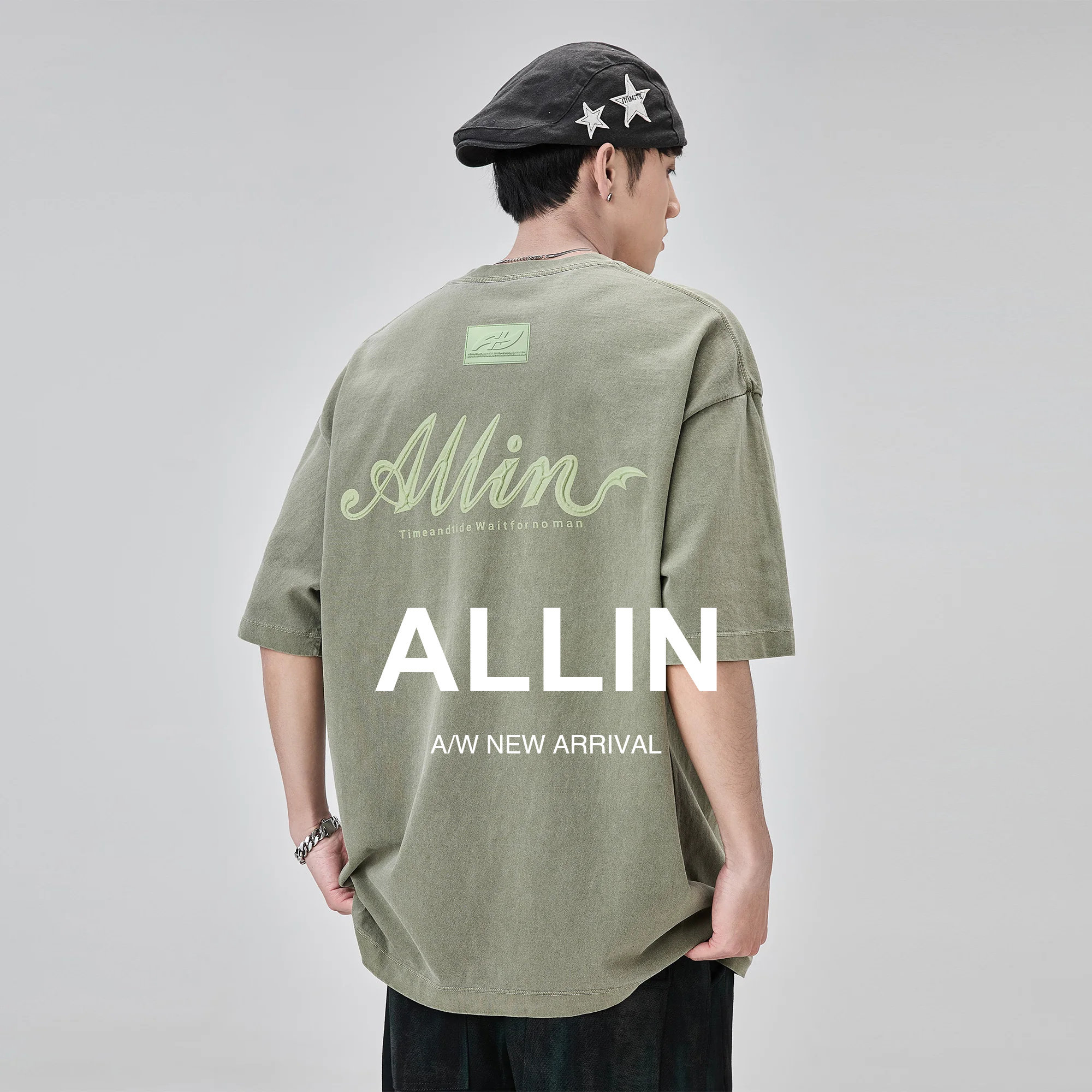ALLIN 重磅圆领短袖t恤男夏季字母立体印花纯棉情侣水洗半袖上衣
