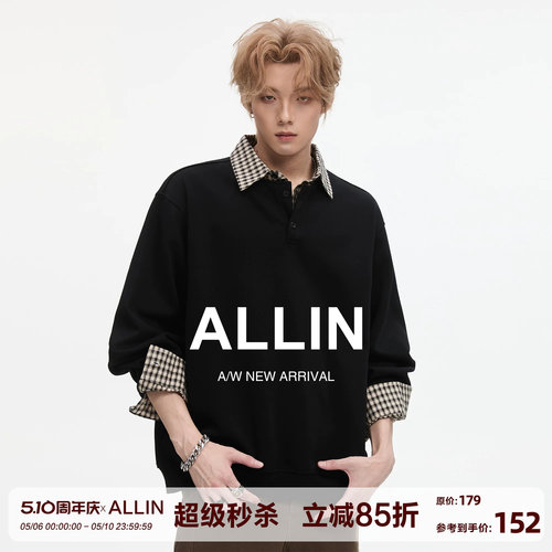 ALLIN 复古假两件衬衫拼接翻领卫衣男春秋季潮牌宽松情侣休闲外套