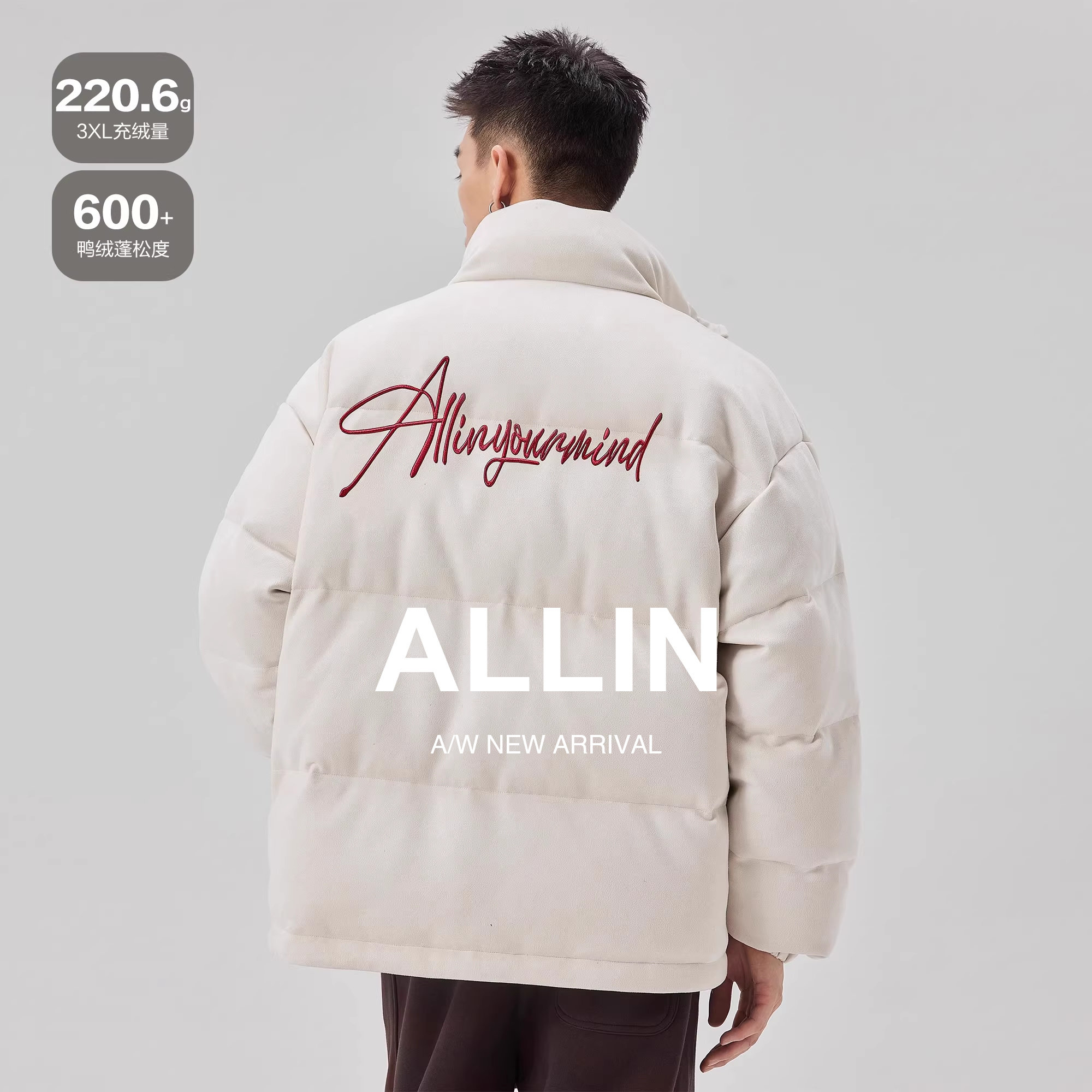 ALLIN 白色潮牌羽绒服男款冬季短款立领加厚保暖字母刺绣情侣外套