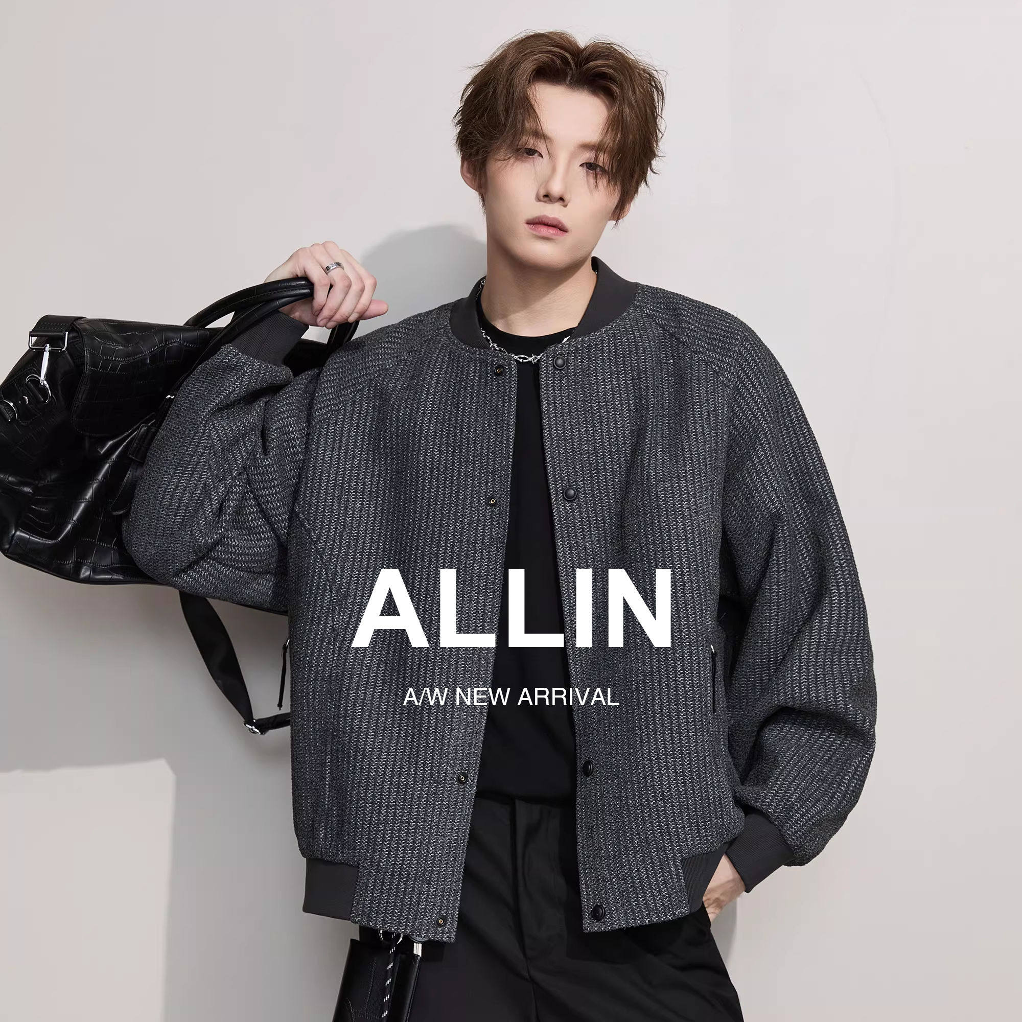 ALLIN 慵懒棒球服外套男秋冬季美式潮牌线纱针织开衫情侣休闲夹克