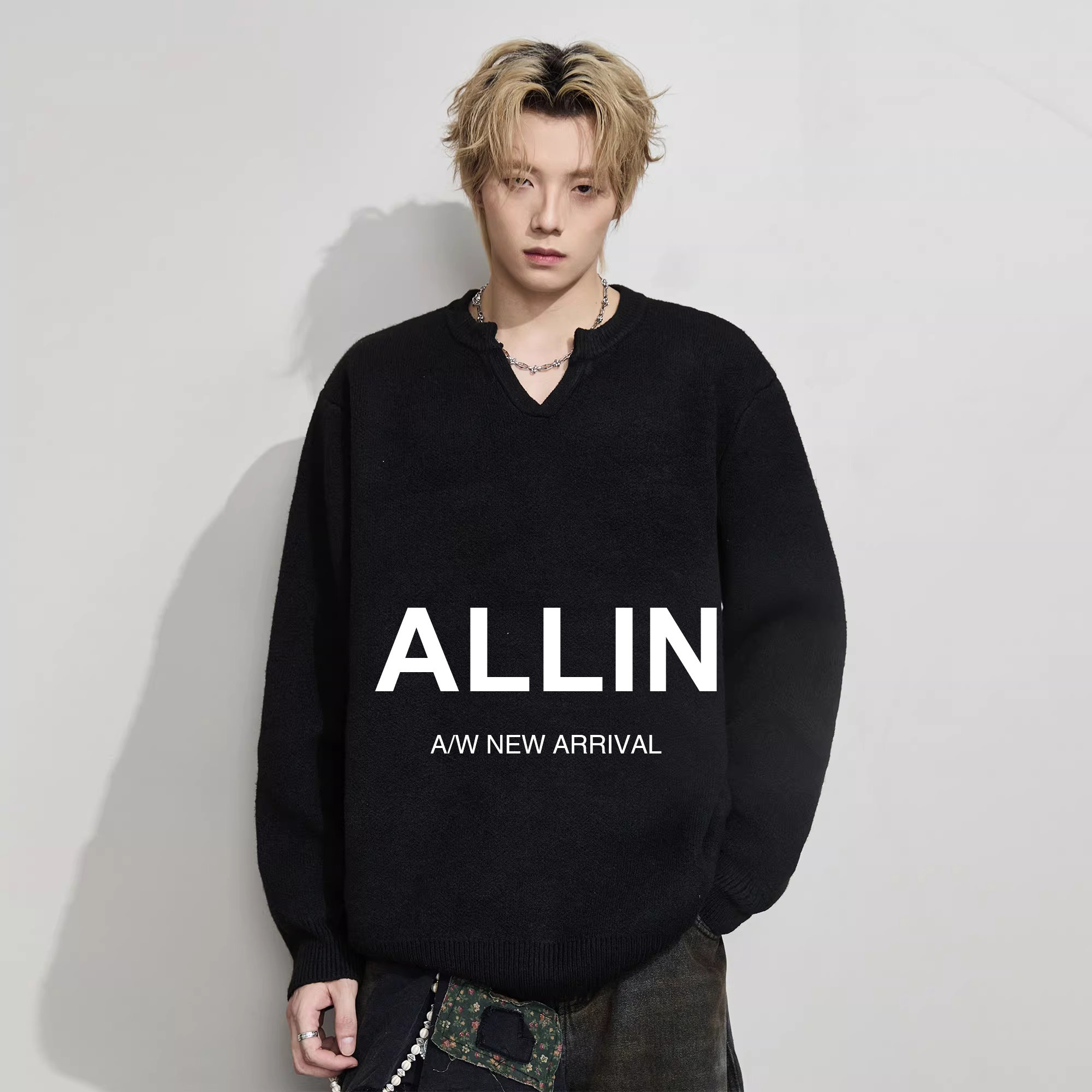 ALLIN 美式黑色V领毛衣男春秋潮牌慵懒风百搭针织衫情侣休闲外