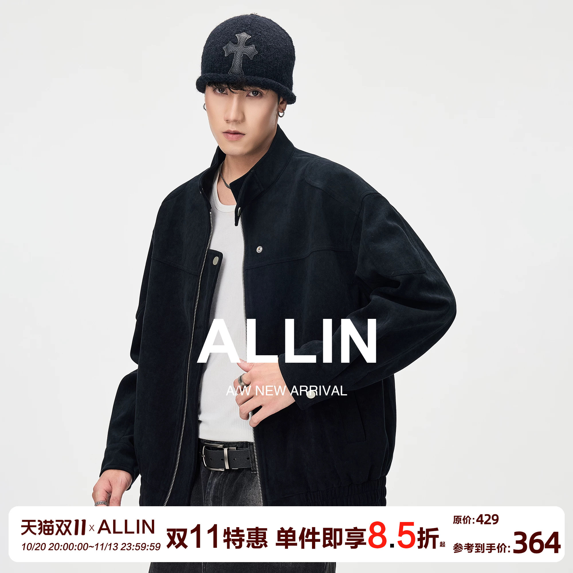 ALLIN 男士短款仿麂皮立领夹克秋季黑色拉链休闲复古工装外套上衣