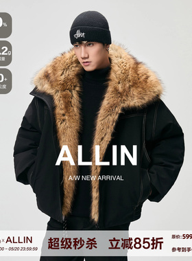 ALLIN 座山雕毛领羽绒服男冬季90白鸭绒短款防寒情侣黑色夹克外套