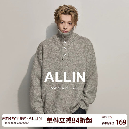 ALLIN 高领半开襟纽扣毛衣男春秋情侣加厚针织宽松潮牌打底衫外套