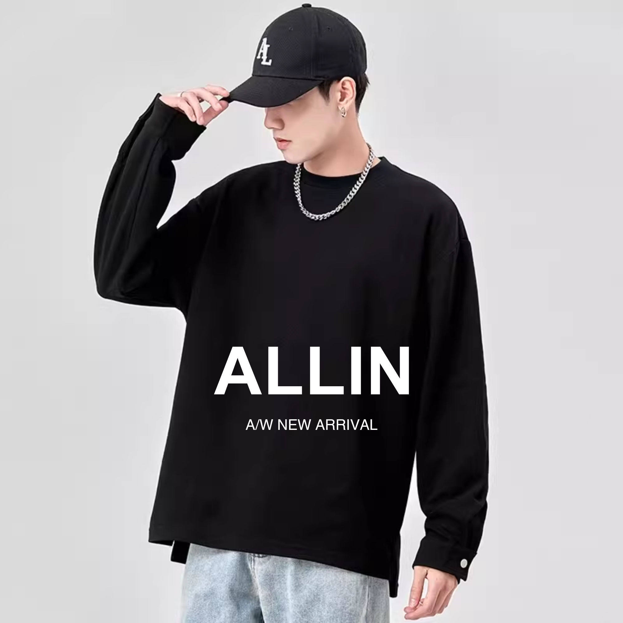 ALLIN 黑色长袖t恤男款秋冬潮牌潮流宽松百搭打底衫简约情侣上