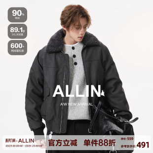 ALLIN 情侣加厚保暖翻领机车夹克外套 可拆卸毛领皮衣羽绒服男冬季