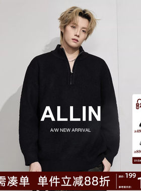 ALLIN 黑色半拉链毛衣男秋冬半高领宽松慵懒风纯色百搭针织衫线衣
