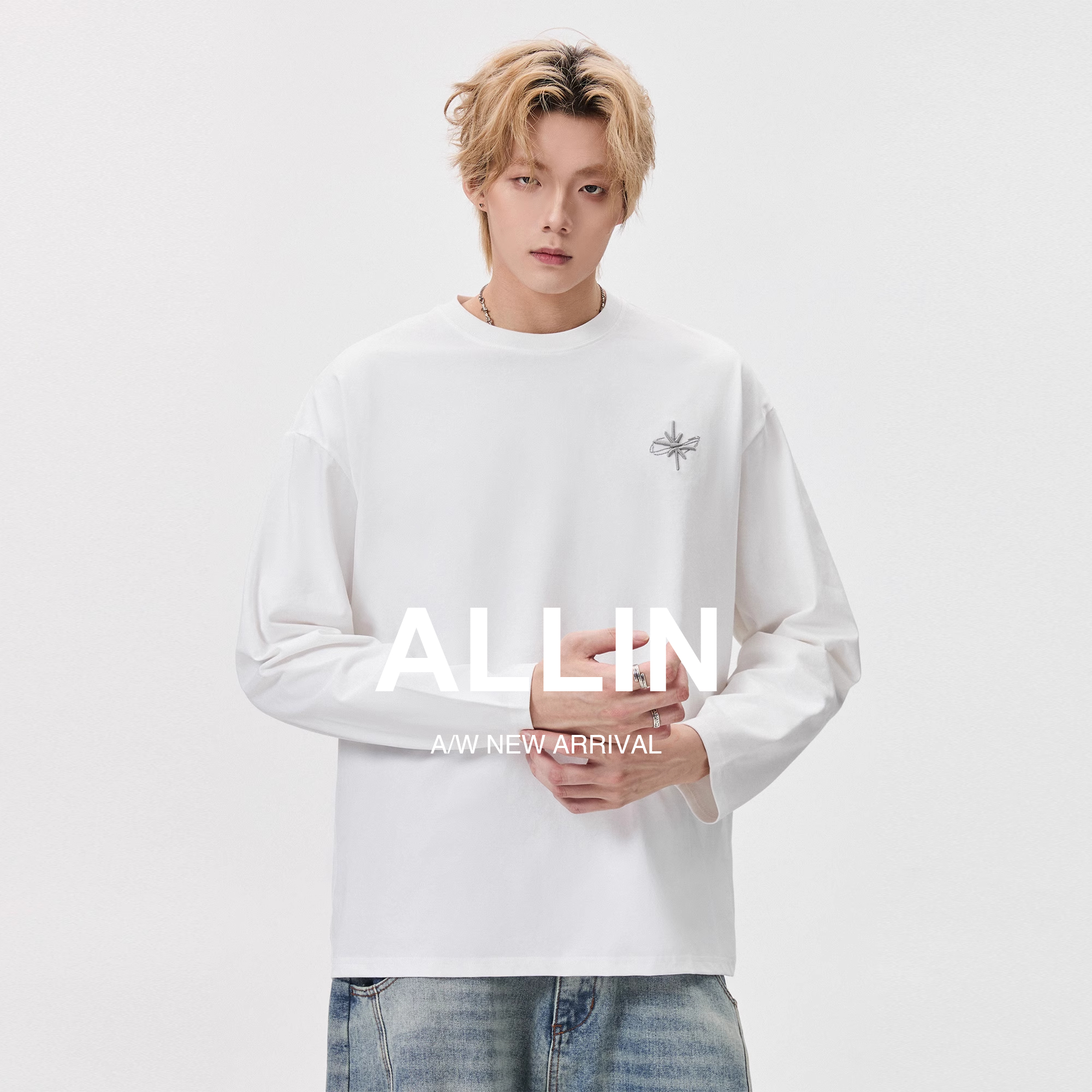 ALLIN 字母刺绣白色长袖T恤男秋季宽松落肩美式潮牌情侣圆领上衣