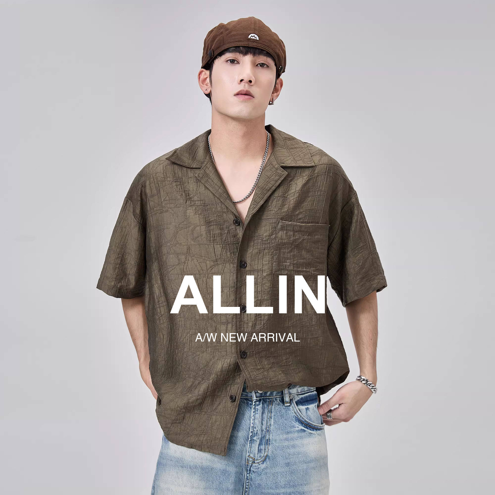 ALLIN 薄款设计感翻领短袖衬衫男生夏季纹理感衬衣宽松五分袖上