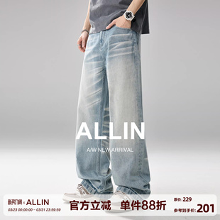 型阔腿长裤 ALLIN 春秋宽松直筒2021M版 cleanfit弯刀牛仔裤 子 美式