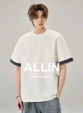 ALLIN 曼巴棉白色短袖T恤男生夏季袖口拼接体恤情侣260g重磅上衣