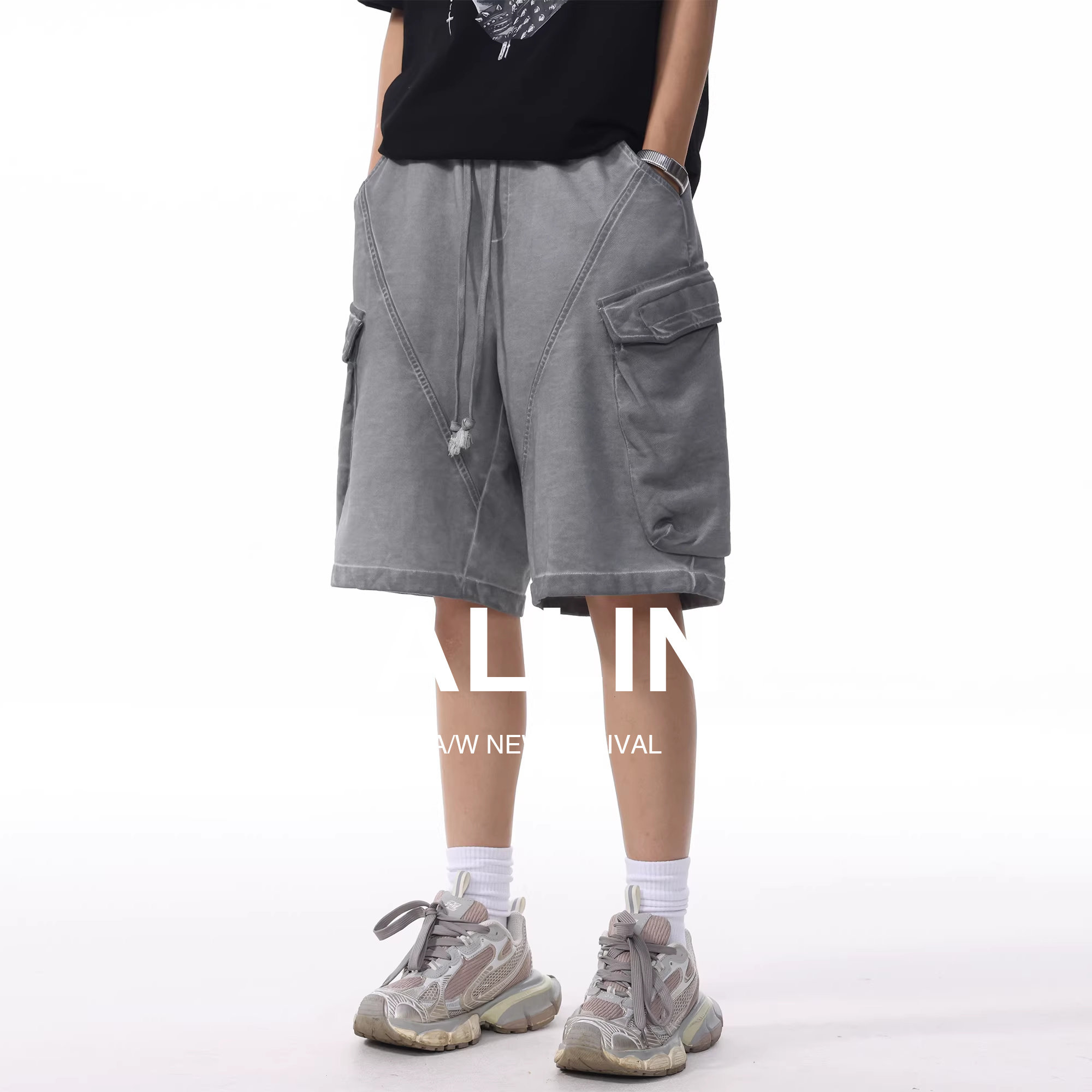 ALLIN 大口袋纯棉休闲短裤男生夏季薄款潮牌外穿五分裤抽绳中裤子