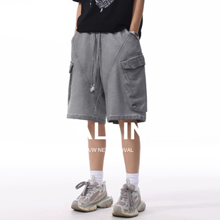 ALLIN 大口袋纯棉休闲短裤男生夏季薄款潮牌外穿五分裤抽绳中裤子