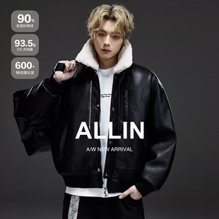 ALLIN 黑色可拆卸羊羔毛领皮衣羽绒服男秋冬季情侣机车皮夹克外套