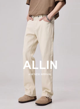 ALLIN 杏色休闲直筒牛仔裤男款秋冬加绒加厚美式复古高级感长裤子