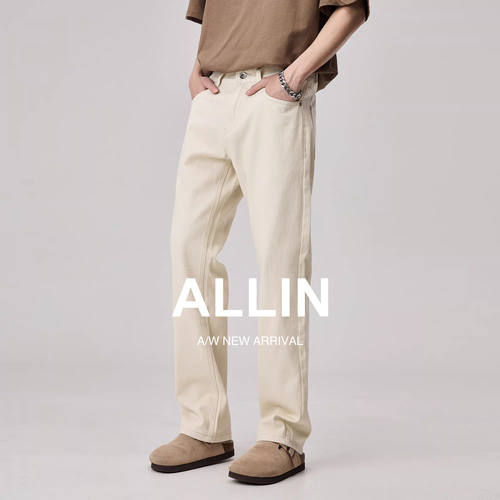 ALLIN 杏色休闲直筒牛仔裤男款秋冬加绒加厚美式复古高级感长裤子