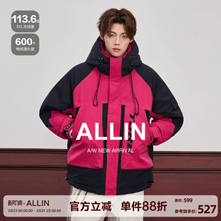 潮牌保暖滑雪服拼接撞色连帽外套 防寒羽绒服男冬季 ALLIN 情侣工装