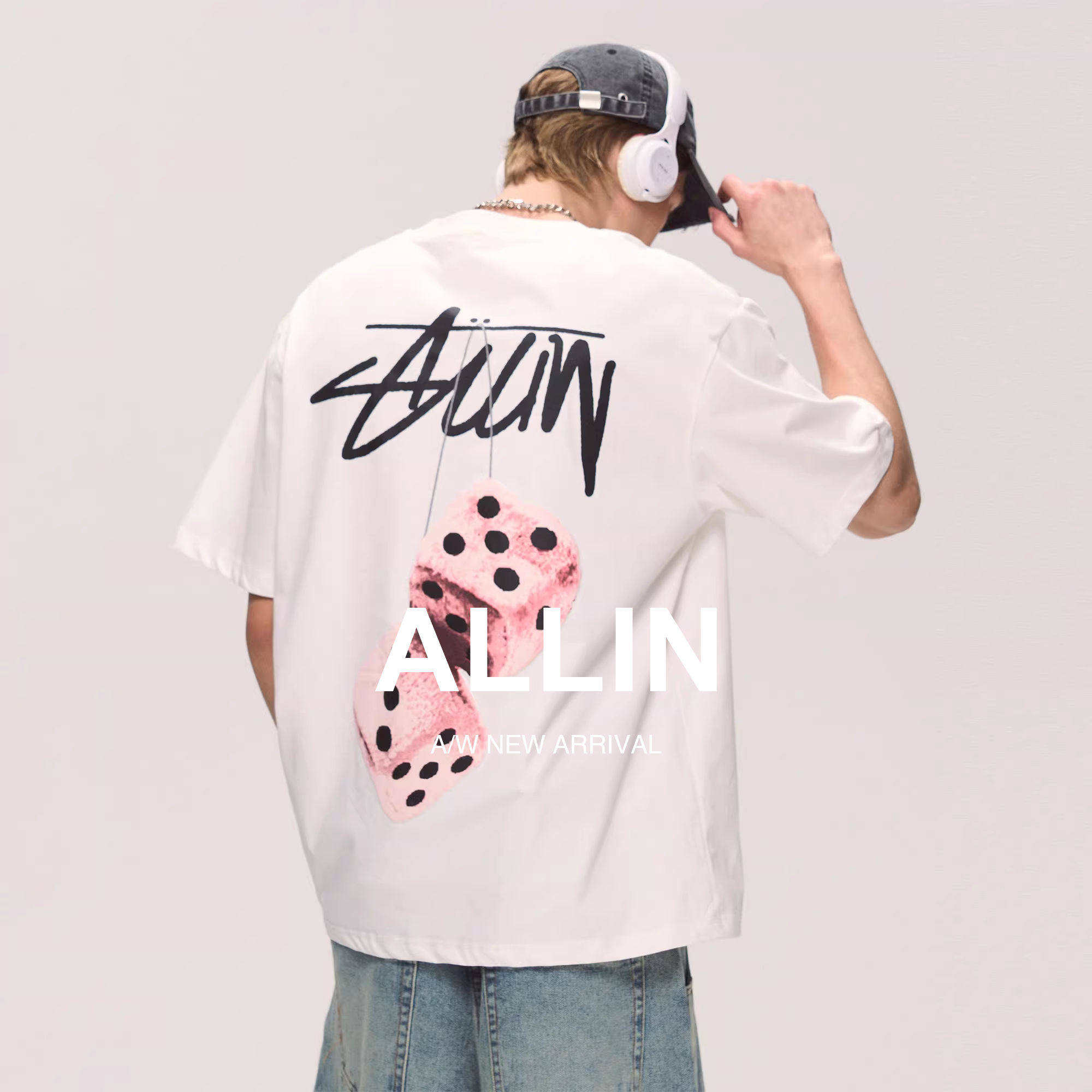 ALLIN 白色纯棉重磅短袖t恤男夏季潮牌骰子字母印花情侣半袖上