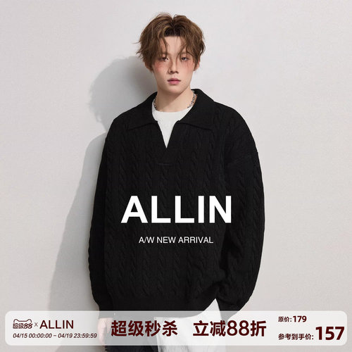 ALLIN 假两件黑色毛衣男春秋季情侣慵懒麻花翻领含羊毛针织衫外套