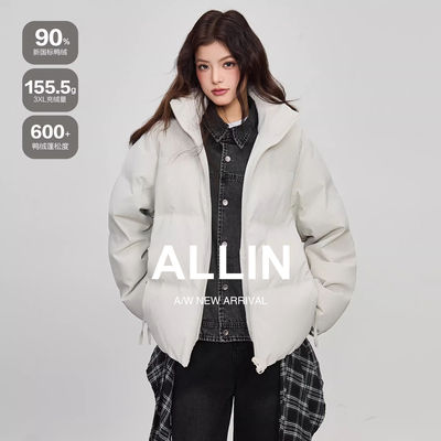 ALLIN 假两件牛仔拼接羽绒服女生冬季短款保暖面包服情侣立领外套