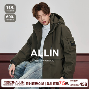 ALLIN 连帽工装羽绒服男冬季加厚保暖情侣潮牌帅气青少年短款外套