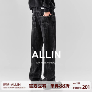 黑色牛仔裤 高街微喇拖地长裤 男春秋季 美式 子 宽松直筒阔腿裤 ALLIN