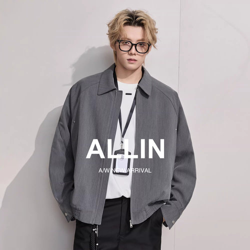 ALLIN 灰色短款通勤行政夹克男春秋美式潮牌cleanfit翻领情侣外套