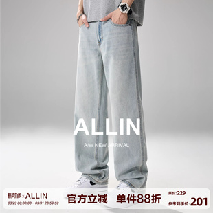高街水洗微喇潮牌复古阔腿长裤 ALLIN 春秋美式 男款 子 浅蓝色牛仔裤