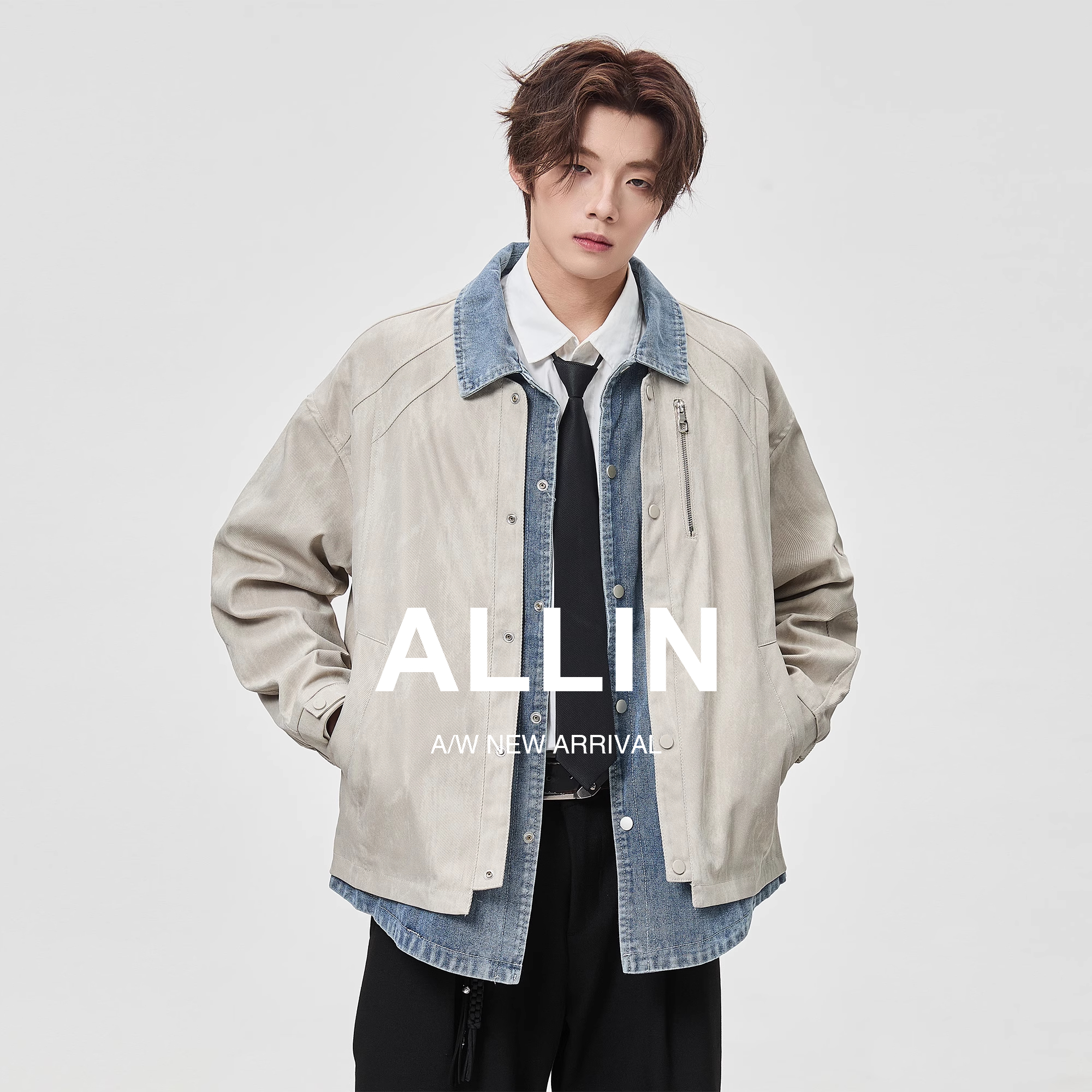 ALLIN 假两件牛仔外套男秋冬季情侣潮牌水洗休闲cleanfit翻领夹克