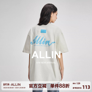 体恤衫 ALLIN 白色半袖 T恤男女同款 情侣字母印花上衣 纯棉重磅短袖