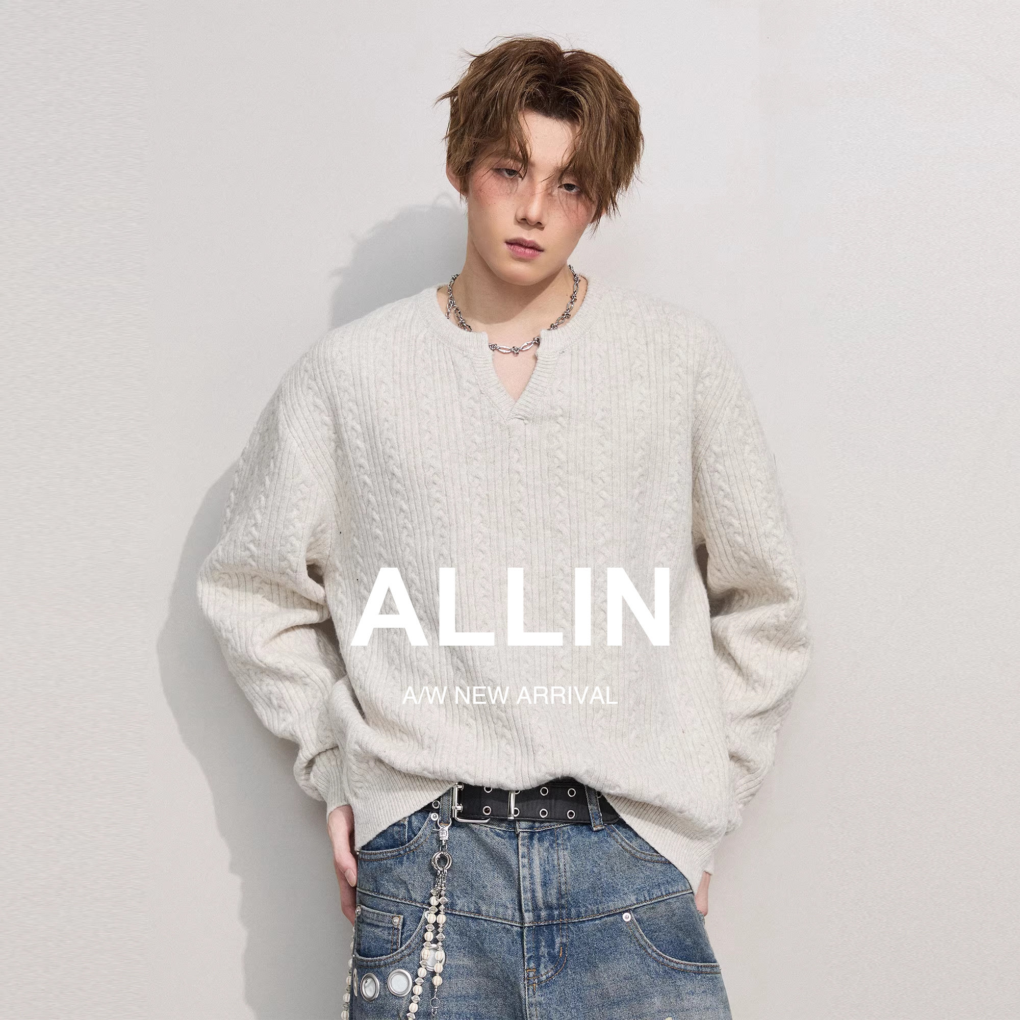 ALLIN cleanfit情侣毛衣男生春秋含羊毛打底针织衫慵懒麻花纹外套