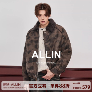 ALLIN 情侣加绒加厚保暖外套 废墟风做旧破洞羊羔绒翻领夹克男冬季