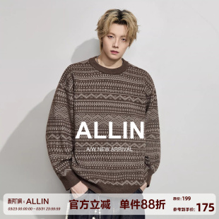 混纺情侣外套 宽松圆领针织衫 ALLIN 费尔岛复古混色毛衣男春秋美式