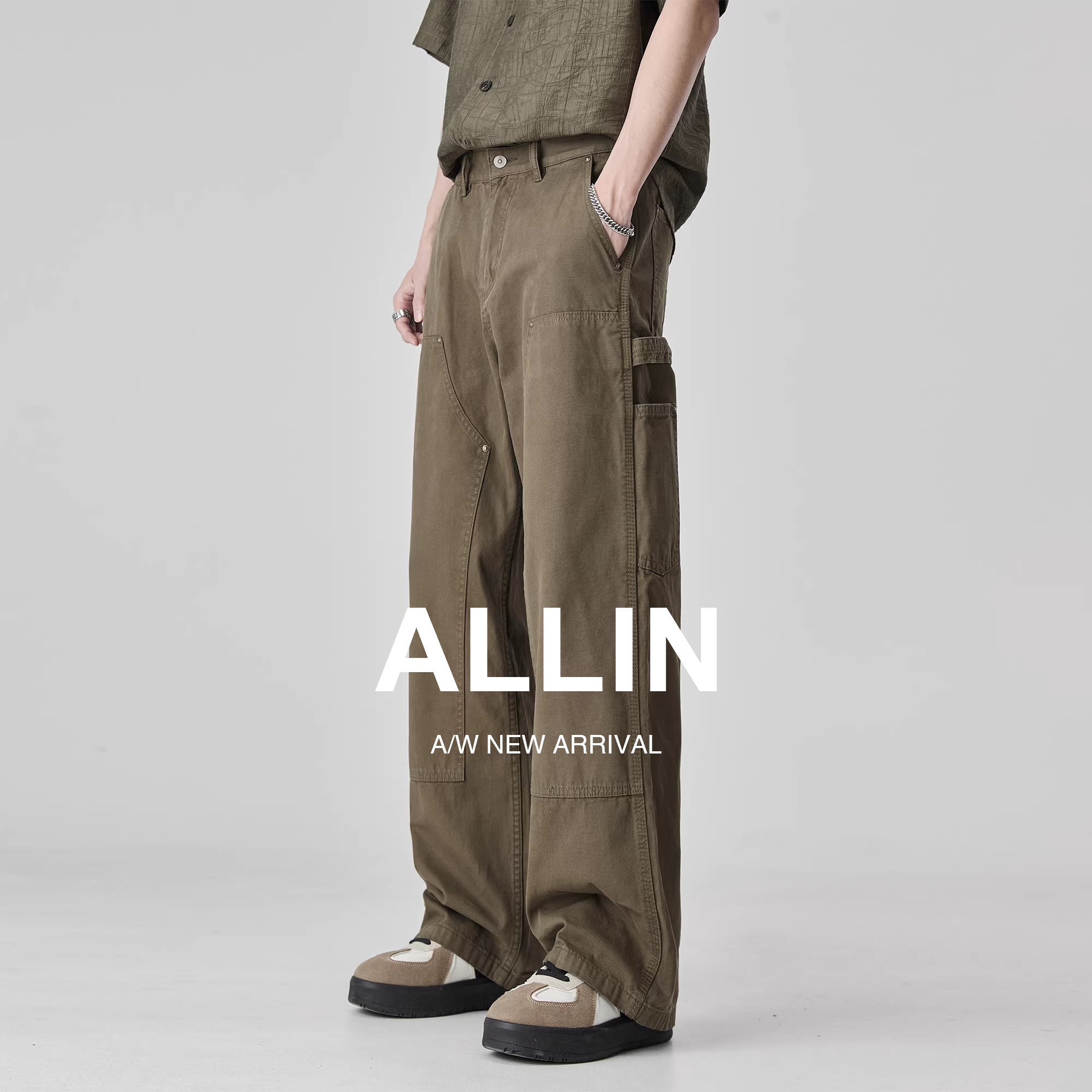 ALLIN 美式工装牛仔裤男潮牌休闲直筒阔腿伐木高街水洗微喇叭裤子