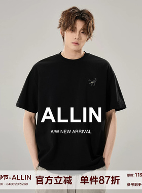ALLIN 黑色小猫刺绣短袖T恤男夏季潮牌重磅百搭休闲圆领情侣上衣