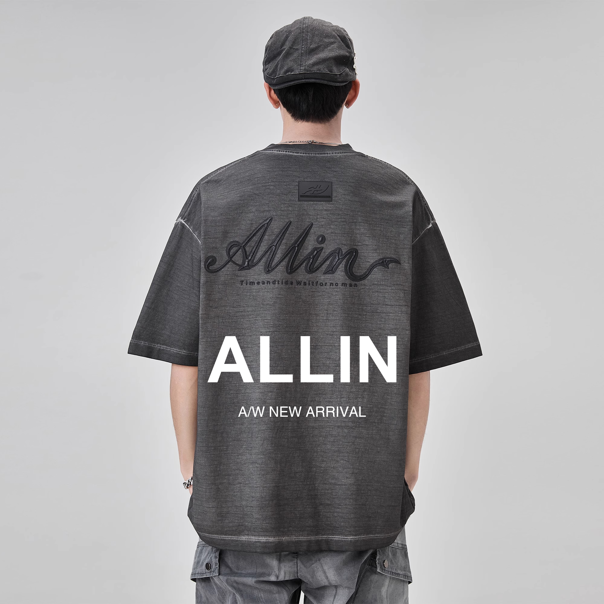 ALLIN 重磅做旧纯棉短袖t恤男夏季美式字母印花宽松半袖潮牌上衣