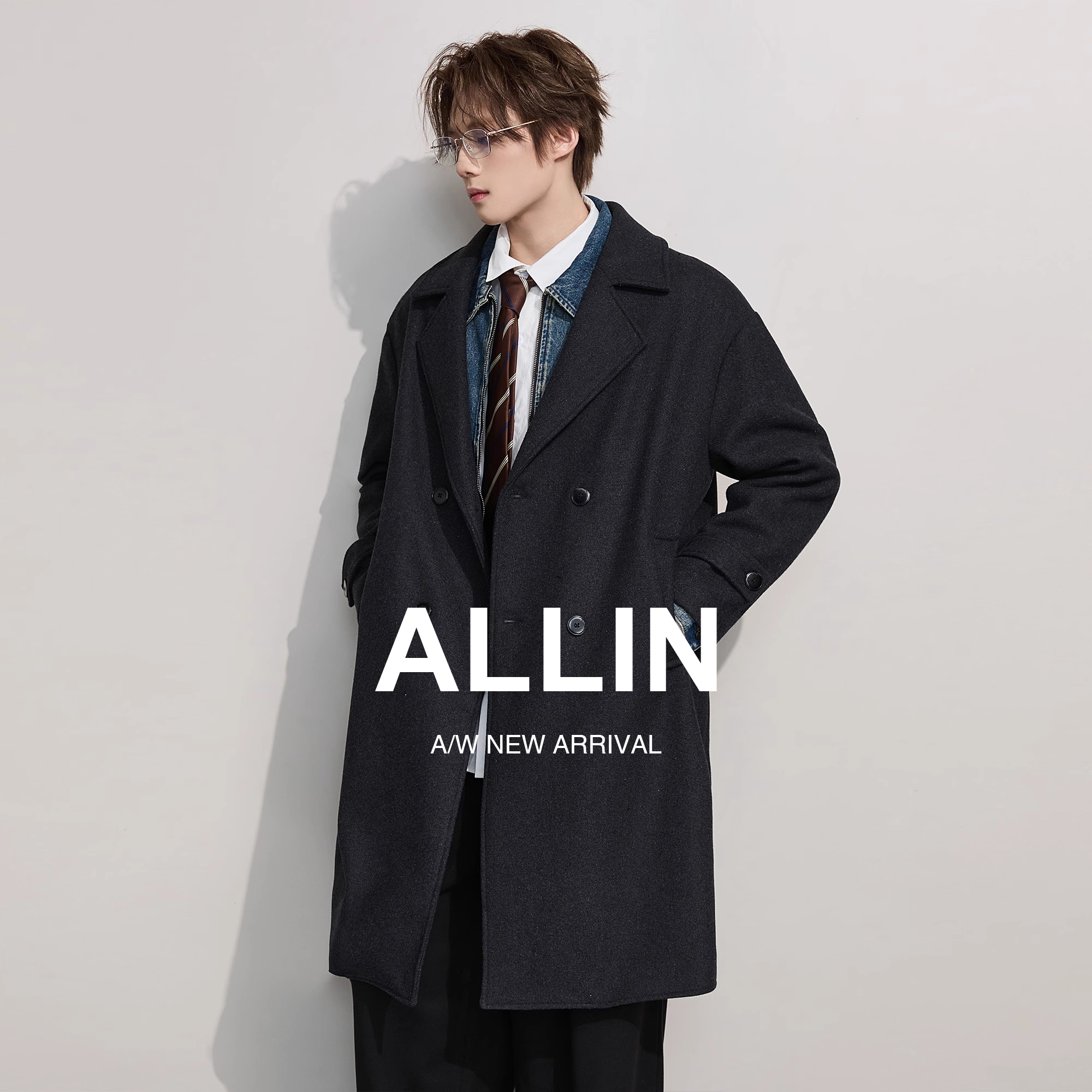 ALLIN 翻领毛呢大衣男士中长款冬季保暖加厚含绵羊毛呢子情侣外套
