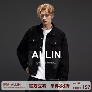 ALLIN 潮牌复古做旧水洗牛仔夹克男春秋高街宽松情侣百搭破洞外套