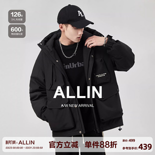 潮牌加厚保暖情侣工装 ALLIN 鸭绒美式 冬季 外套 黑色连帽羽绒服男款