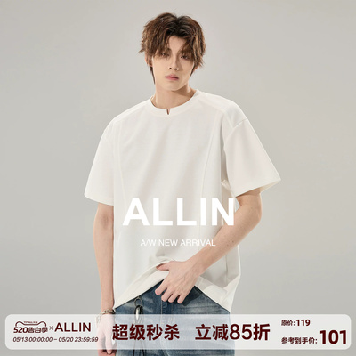 ALLIN 白色曼巴棉短袖T恤男生夏季260g重磅小V领设计情侣潮牌上衣